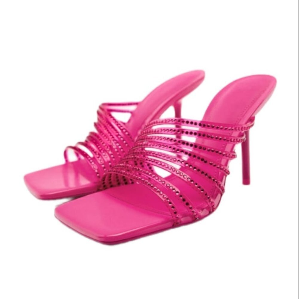 ZARA HIGH-HEEL VINYL SANDALS WITH RHINESTONES PINK | 3804/010 SIZE